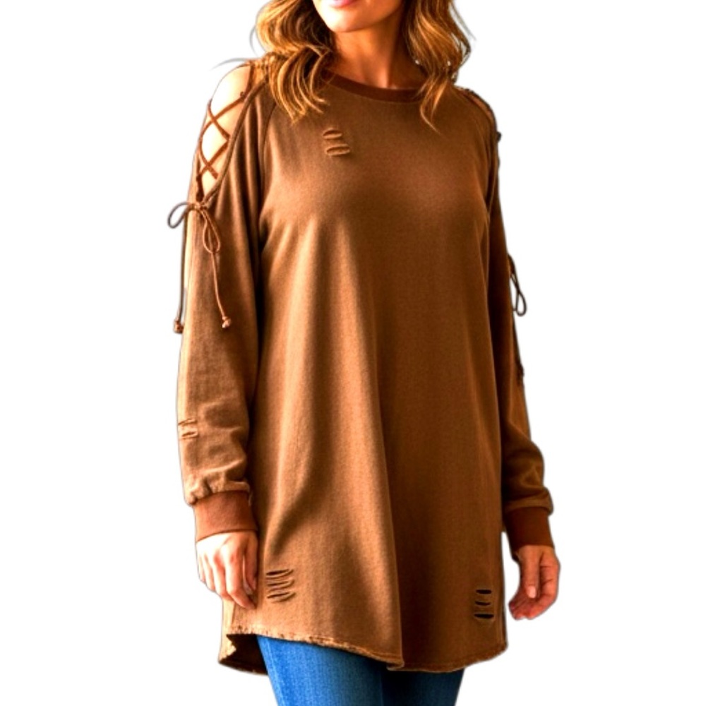 Easel L Women’s Caramel Tunic with Lace-Up Sleeves‎ Cold Shoulder 2329